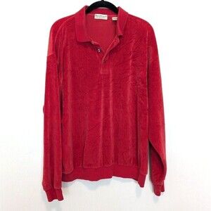 Vintage Norm Thompson Velour Sweater Mens Size XL‎ Red Velvet Polo Casual 80's